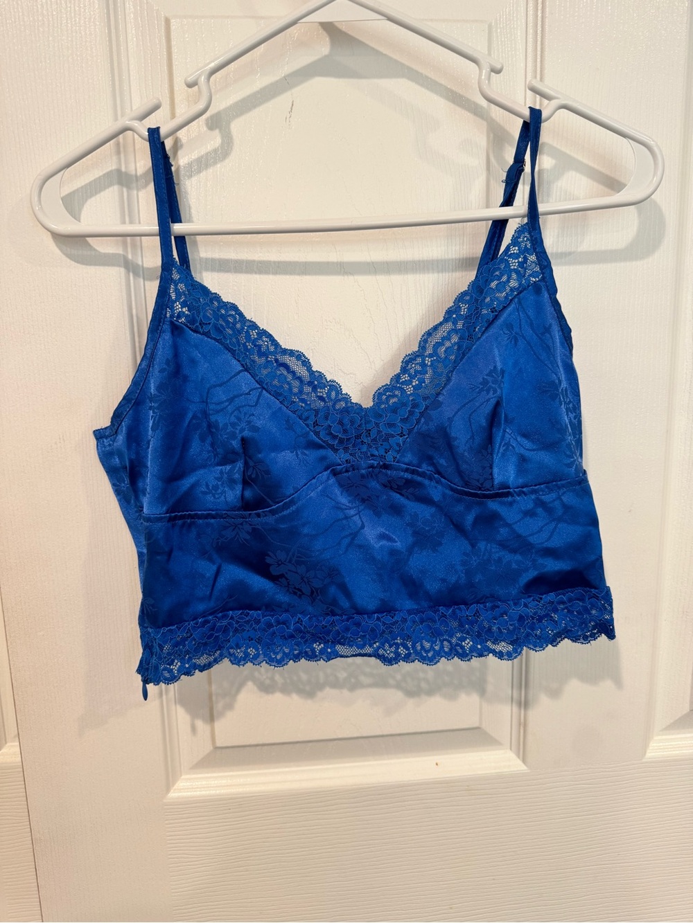 Blue Lace-Trim Satin Cami Top